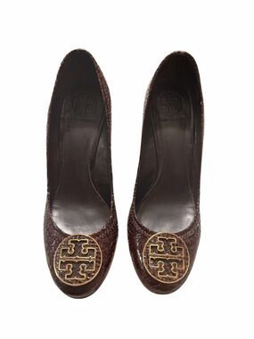 Tory Burch Dark Brown Leather Heels with Gold Logo